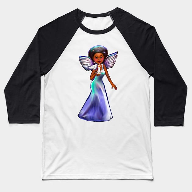 Angel with dove and candle. Black angel of peace ! With glow, Afro hair, brown eyes, Cherry pink lips and dark brown skin. Hair love ! Baseball T-Shirt by Artonmytee